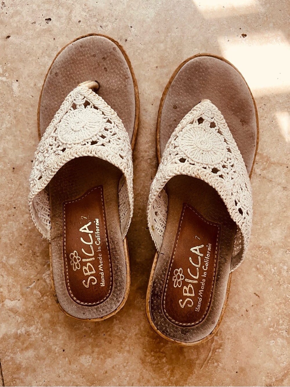 Sbicca Cream Crochet Toe-Post Mules with Brown Footbed